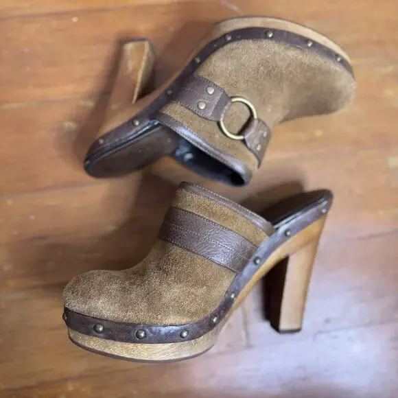 Vintage Y2K Ralph Lauren Brown Suede Studded Clogs Mules Wooden Block Heels 7 M - Picture 6 of 8